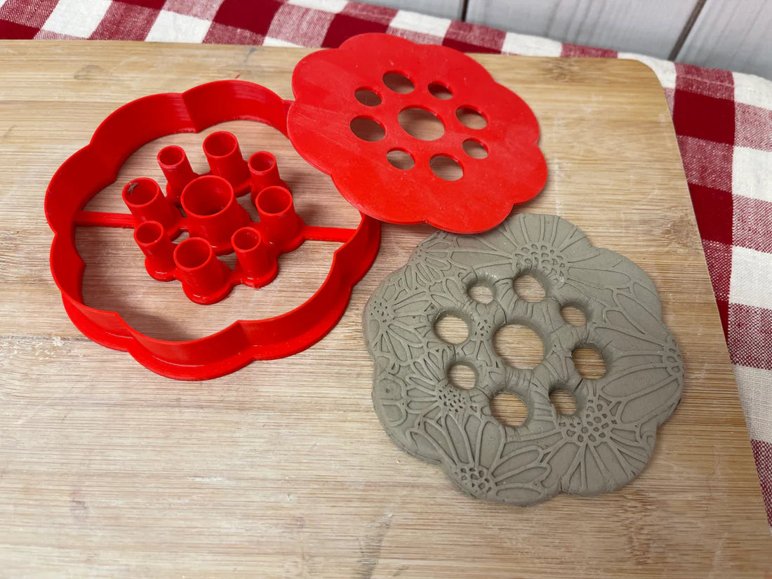 Flower Frog Clay Cutter w/ Press - (6 scallop, 3.5" diameter, 8 scallop, 4")